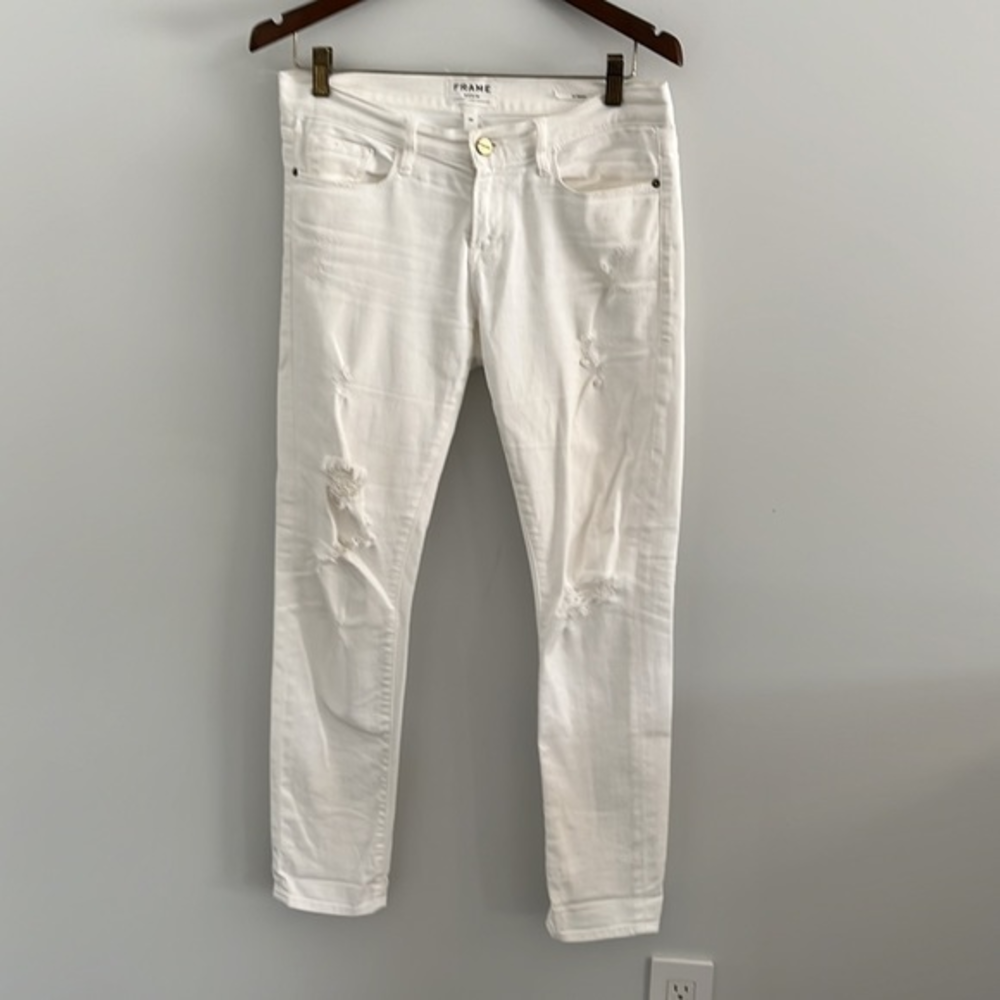 FRAME DENIM Le‎ Garcon rip blanc Mid-Rise Distressed White Boyfriend Jeans